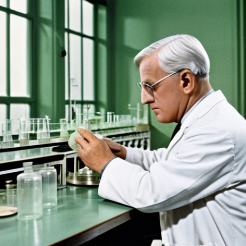 Home 11 Penicillin Discovery**
"Alexander Fleming in his laboratory at St. Mary's Hospital, observing a petri dish with *Penicillium notatum* mold inhibiting bacterial growth, fully clothed, appropriate attire, safe for work, perfect anatomy, natural proportions, science photography, high quality, professional, modest."
**