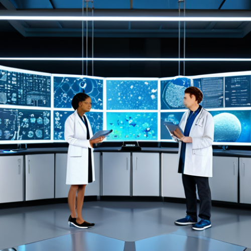 Home 6 Virtual Science Lab**
A diverse group of fully clothed students wearing lab coats are collaborating in a bright, futuristic virtual science lab, surrounded by holographic displays showcasing molecules and scientific data, appropriate content, safe for work, perfect anatomy, natural proportions, professional rendering, high quality, family-friendly.
**