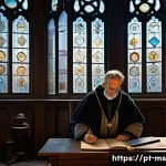 Home 22 중세 시대의 과학적 발전과 발견 - A detailed medieval European scholar’s study room filled with ancient astronomical instruments like ...