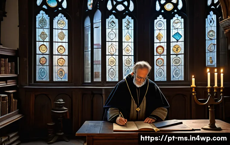 중세 시대의 과학적 발전과 발견 - A detailed medieval European scholar’s study room filled with ancient astronomical instruments like ...