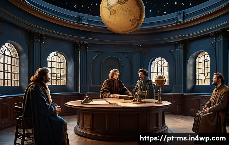 과학적 발견의 전환점 사례 연구 - A detailed and realistic digital painting of Nicolaus Copernicus presenting his heliocentric model t...