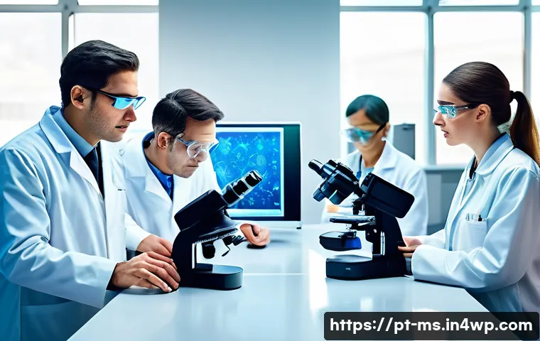 과학적 발견의 통합적 시각 - A vibrant interdisciplinary science laboratory scene showing biologists, chemists, and engineers col...