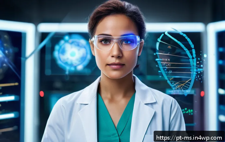 과학적 발견의 대중문화 속 반영 - A futuristic sci-fi scene depicting a female geneticist in her modern laboratory, wearing a white la...