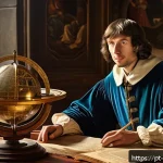 Home 23 과학적 발견의 상징적 사건 - A detailed, realistic depiction of Nicolaus Copernicus presenting his heliocentric model in a Renais...