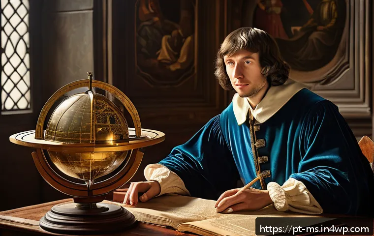 과학적 발견의 상징적 사건 - A detailed, realistic depiction of Nicolaus Copernicus presenting his heliocentric model in a Renais...