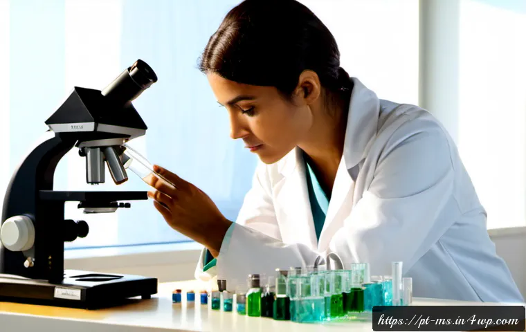Home 17 과학적 발견의 어려움과 도전 - Photorealistic scene of a Brazilian female scientist in a modern research laboratory, carefully exam...